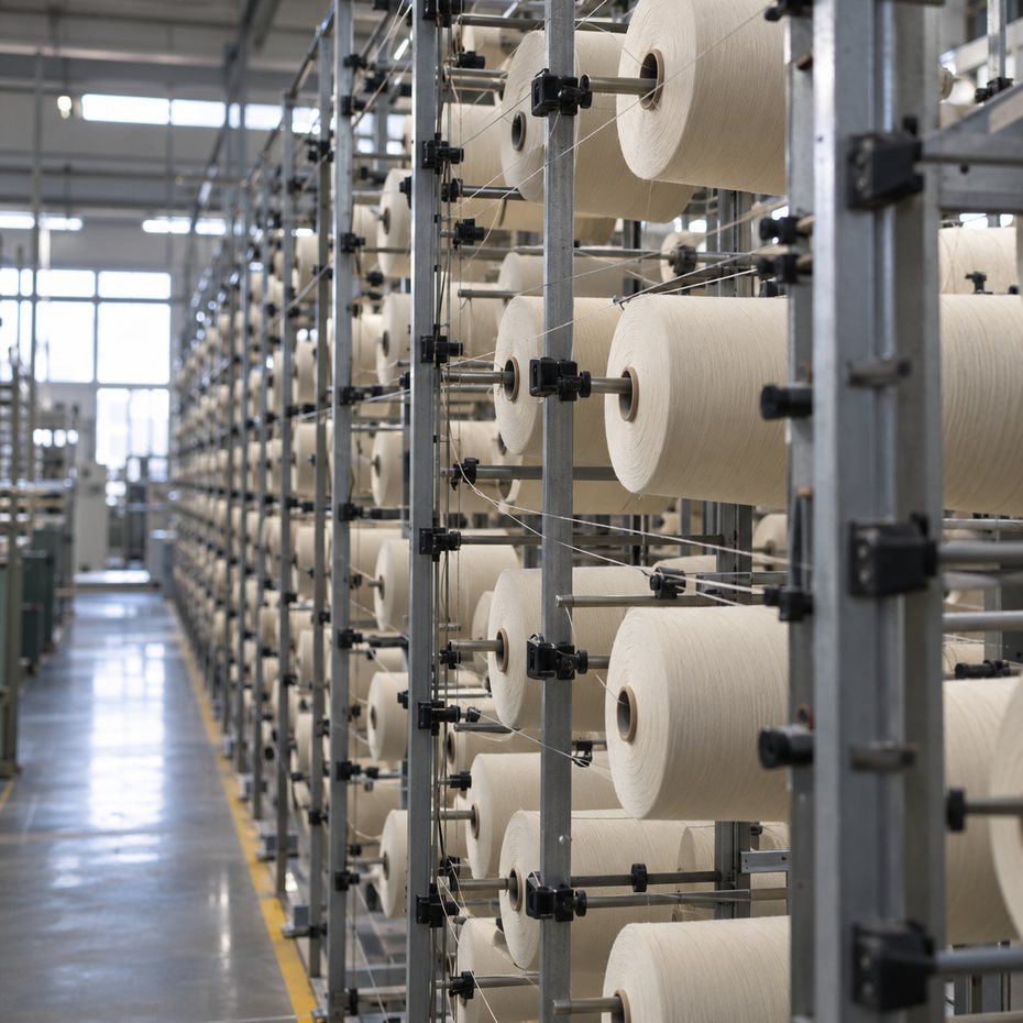 Cones of Egyptian cotton yarn on the warping creel