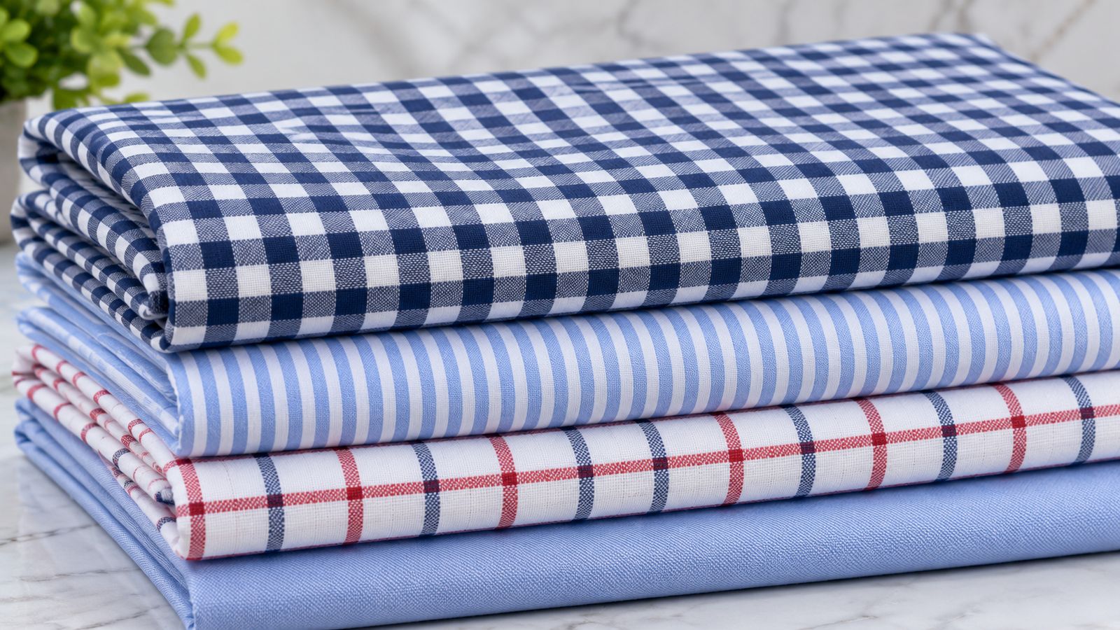 Folded gingham and striped shirting fabrics