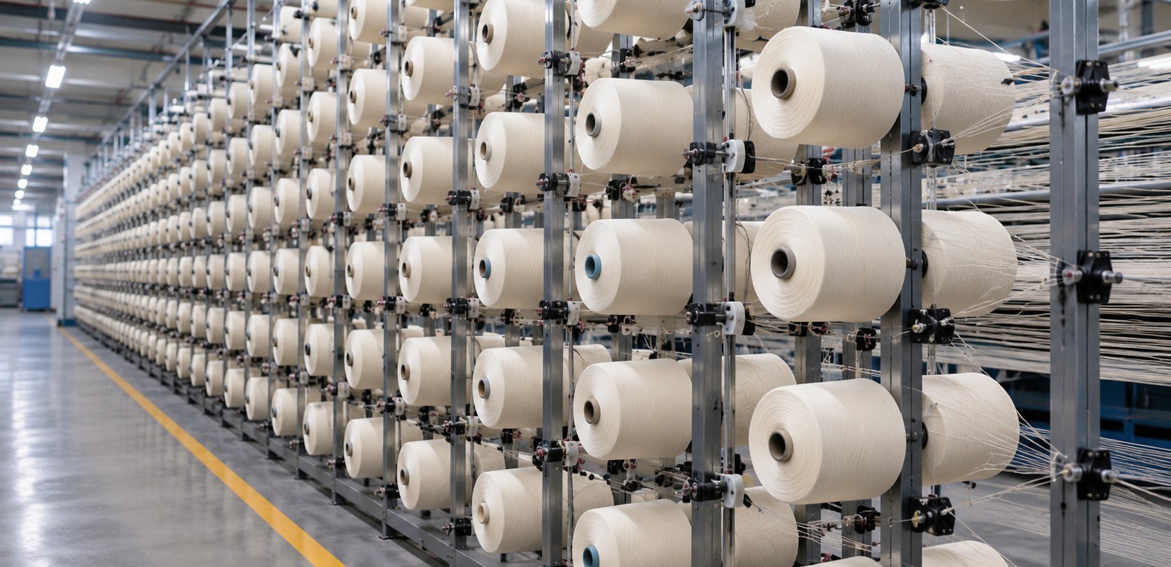 Cones of cotton yarn on the creel